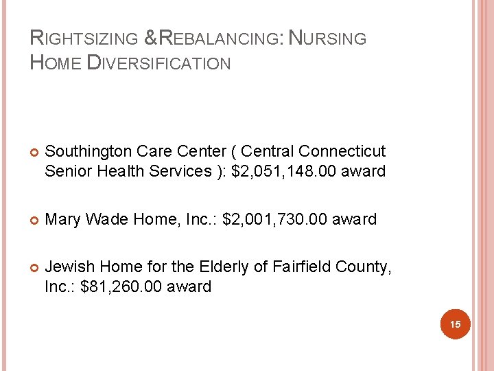 RIGHTSIZING & REBALANCING: NURSING HOME DIVERSIFICATION Southington Care Center ( Central Connecticut Senior Health