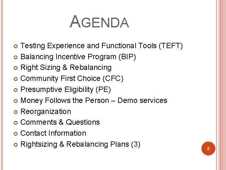 AGENDA Testing Experience and Functional Tools (TEFT) Balancing Incentive Program (BIP) Right Sizing &