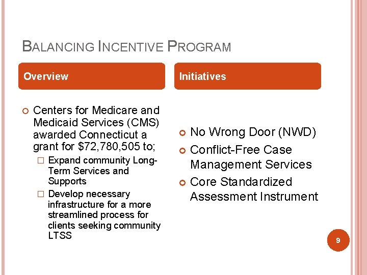 BALANCING INCENTIVE PROGRAM Overview Centers for Medicare and Medicaid Services (CMS) awarded Connecticut a