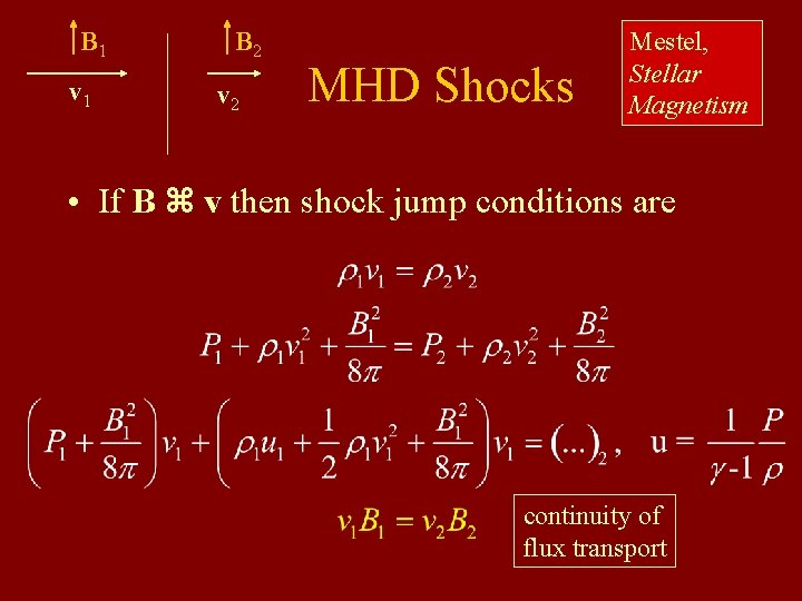 B 1 v 1 B 2 v 2 MHD Shocks Mestel, Stellar Magnetism •