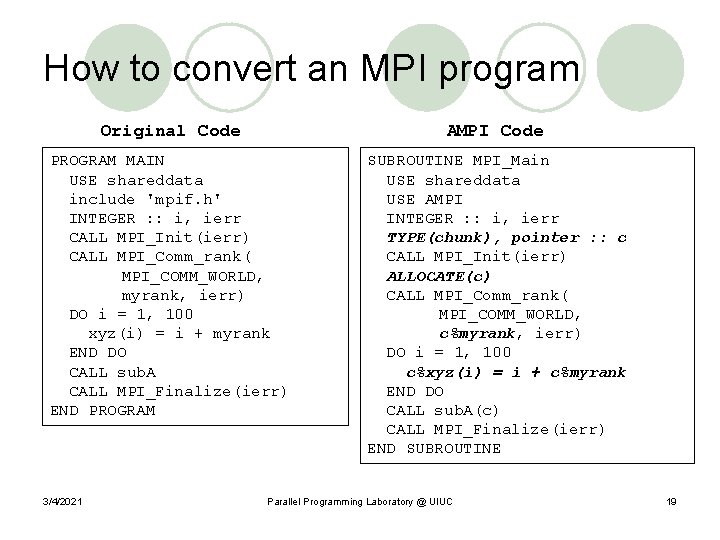 How to convert an MPI program Original Code AMPI Code PROGRAM MAIN USE shareddata