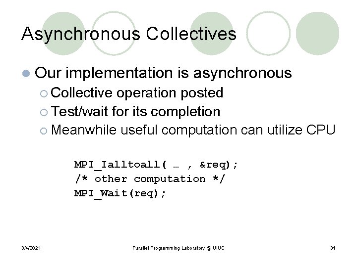 Asynchronous Collectives l Our implementation is asynchronous ¡ Collective operation posted ¡ Test/wait for