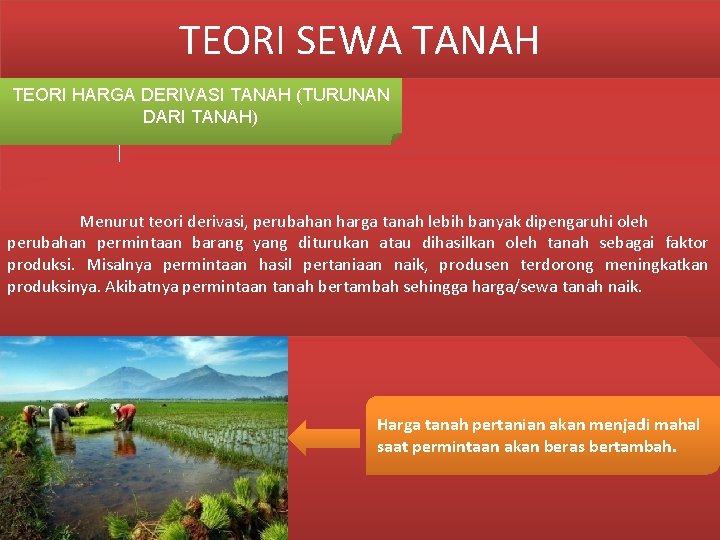 TEORI SEWA TANAH TEORI HARGA DERIVASI TANAH (TURUNAN DARI TANAH) Menurut teori derivasi, perubahan