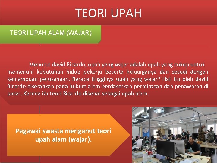 TEORI UPAH ALAM (WAJAR) Menurut david Ricardo, upah yang wajar adalah upah yang cukup