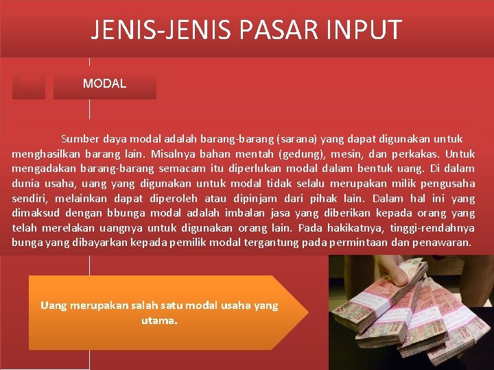 JENIS-JENIS PASAR INPUT MODAL Sumber daya modal adalah barang-barang (sarana) yang dapat digunakan untuk JENIS-JENIS PASAR INPUT MODAL Sumber daya modal adalah barang-barang (sarana) yang dapat digunakan untuk