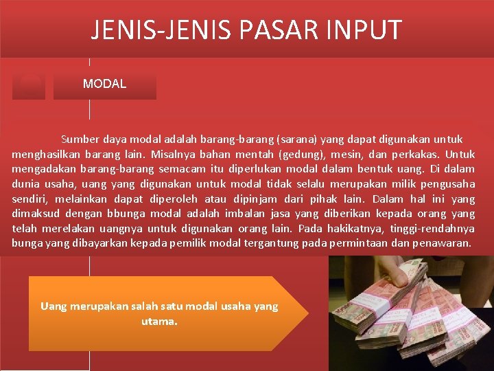 JENIS-JENIS PASAR INPUT MODAL Sumber daya modal adalah barang-barang (sarana) yang dapat digunakan untuk