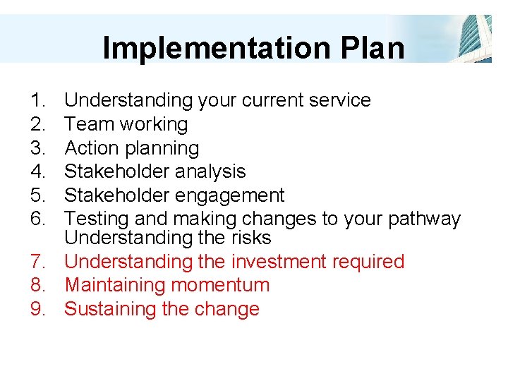 Implementation Plan 1. 2. 3. 4. 5. 6. Understanding your current service Team working