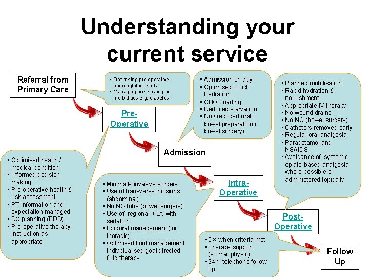 Understanding your current service Referral from Primary Care • Optimising pre operative haemoglobin levels