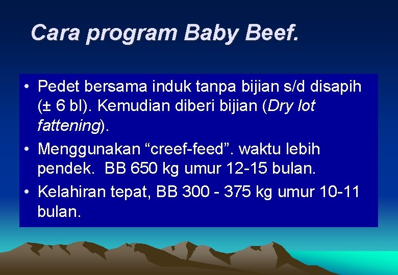 Cara program Baby Beef. • Pedet bersama induk tanpa bijian s/d disapih (± 6