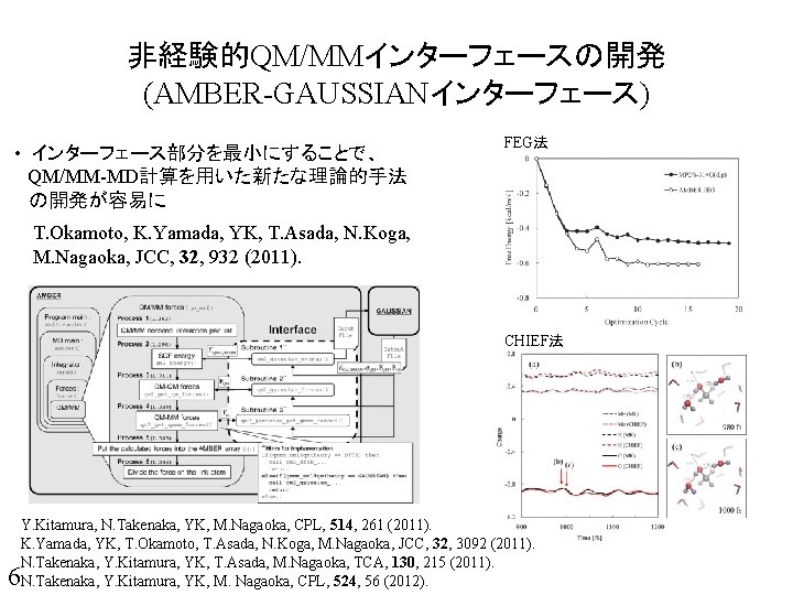 非経験的QM/MMインターフェースの開発 (AMBER-GAUSSIANインターフェース) • インターフェース部分を最小にすることで、 　QM/MM-MD計算を用いた新たな理論的手法 の開発が容易に FEG法 T. Okamoto, K. Yamada, YK, T. Asada,