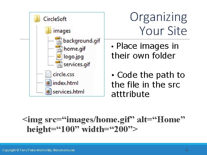 Organizing Your Site • Place images in their own folder • Code the path