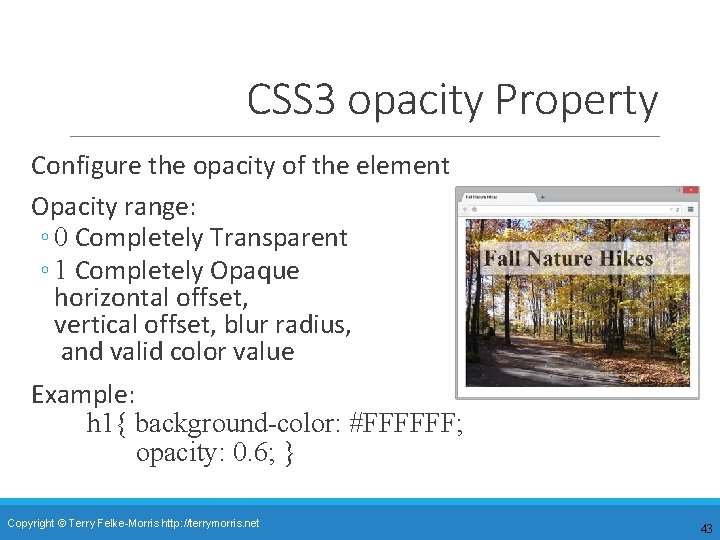 CSS 3 opacity Property Configure the opacity of the element Opacity range: ◦ 0