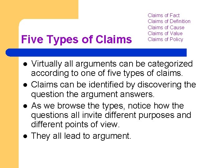 Five Types of Claims l l Claims of Fact Claims of Definition Claims of