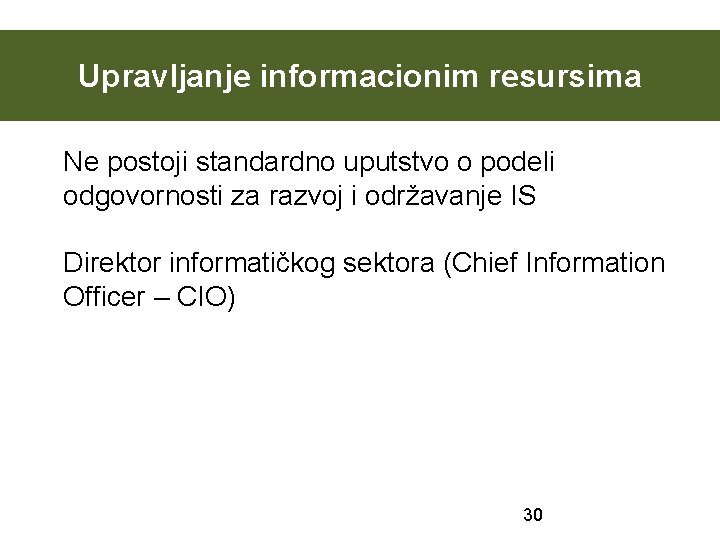 Upravljanje informacionim resursima Ne postoji standardno uputstvo o podeli odgovornosti za razvoj i održavanje