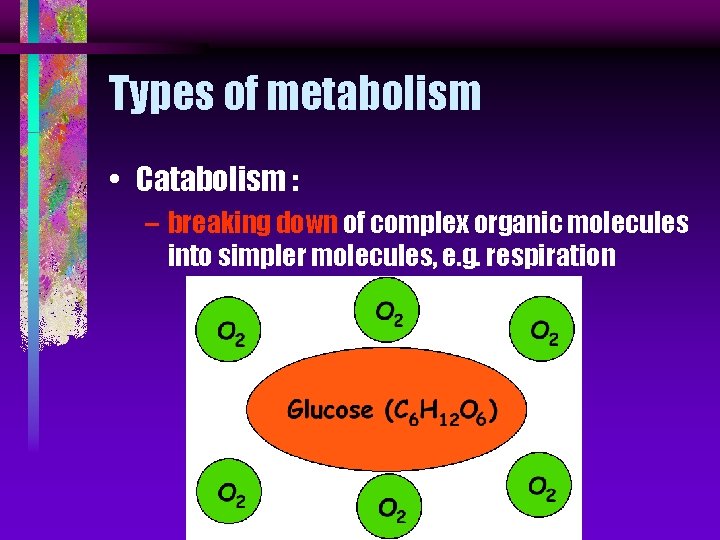 Types of metabolism • Catabolism : – breaking down of complex organic molecules into