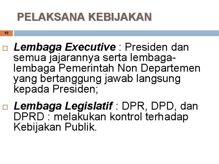 PELAKSANA KEBIJAKAN 19 Lembaga Executive : Presiden dan semua jajarannya serta lembaga Pemerintah Non