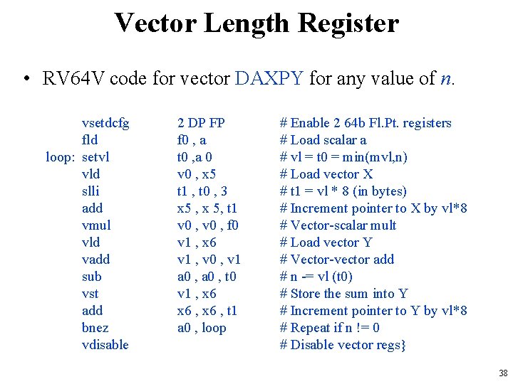 Vector Length Register • RV 64 V code for vector DAXPY for any value Vector Length Register • RV 64 V code for vector DAXPY for any value