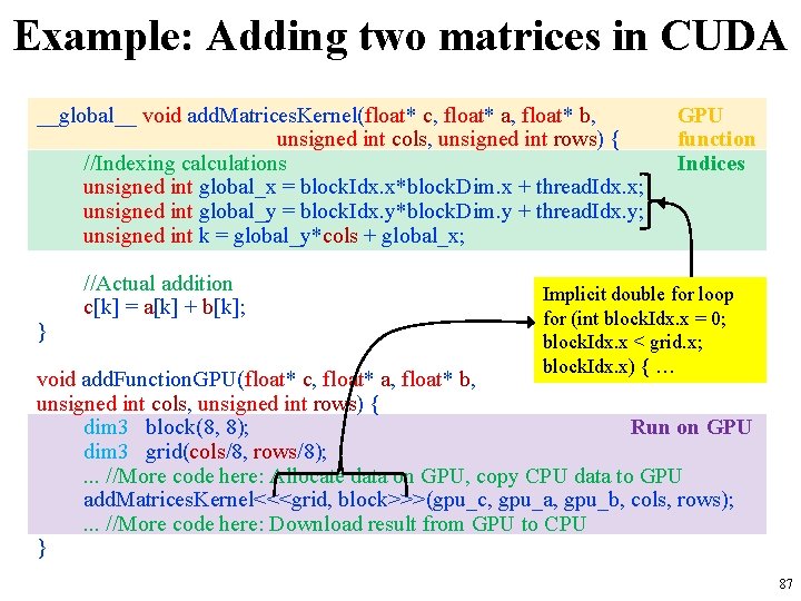 Example: Adding two matrices in CUDA __global__ void add. Matrices. Kernel(float* c, float* a, Example: Adding two matrices in CUDA __global__ void add. Matrices. Kernel(float* c, float* a,