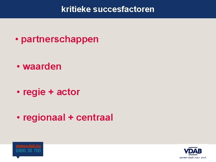 kritieke succesfactoren • partnerschappen • waarden • regie + actor • regionaal + centraal