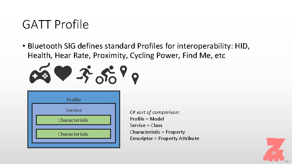 GATT Profile • Bluetooth SIG defines standard Profiles for interoperability: HID, Health, Hear Rate,
