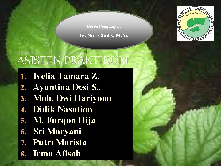 Dosen Pengampu : Ir. Nur Cholis, M. Si. ASISTEN PRAKTIKUM 1. 2. 3. 4.