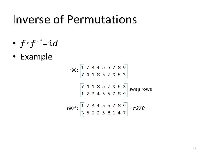 Inverse of Permutations • f◦f-1=id • Example r 90: 1 2 3 4 5