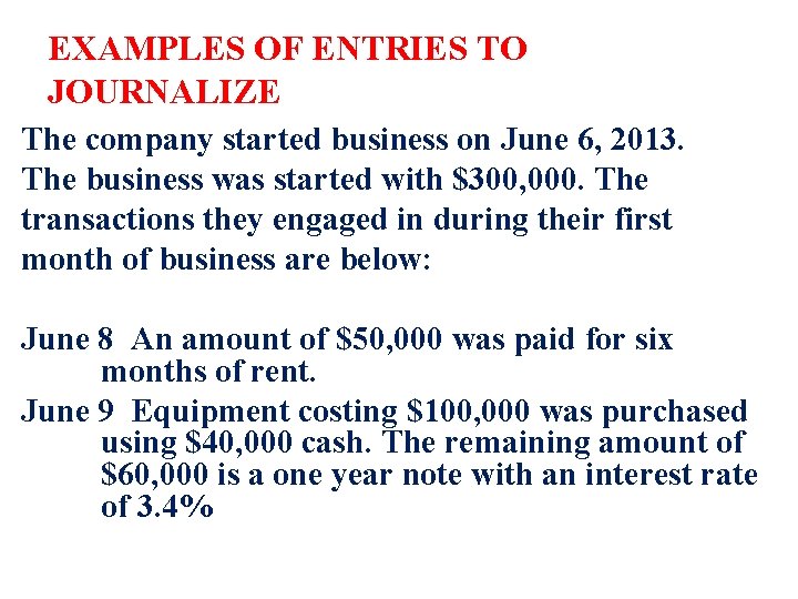 EXAMPLES OF ENTRIES TO JOURNALIZE The company started business on June 6, 2013. The