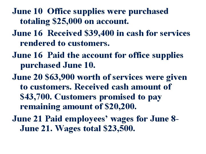 June 10 Office supplies were purchased totaling $25, 000 on account. June 16 Received