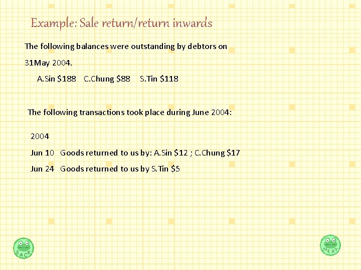 Example: Sale return/return inwards The following balances were outstanding by debtors on 31 May