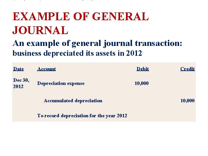 EXAMPLE OF GENERAL JOURNAL An example of general journal transaction: business depreciated its assets