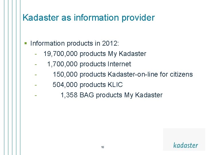 Kadaster as information provider § Information products in 2012: - 19, 700, 000 products