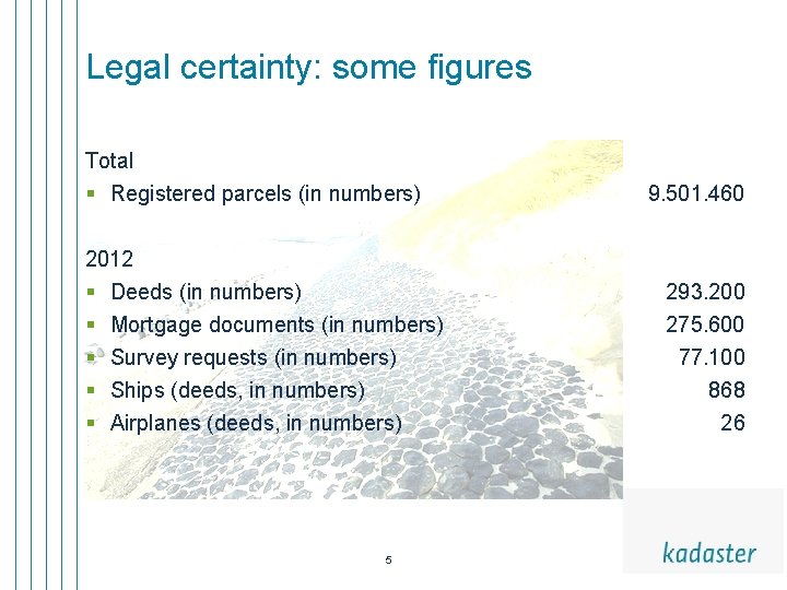 Legal certainty: some figures Total § Registered parcels (in numbers) 9. 501. 460 2012