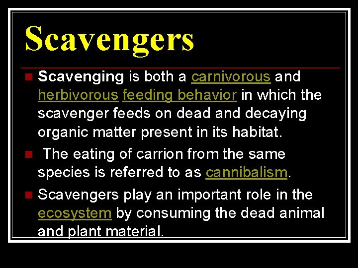 Scavengers Scavenging is both a carnivorous and herbivorous feeding behavior in which the scavenger