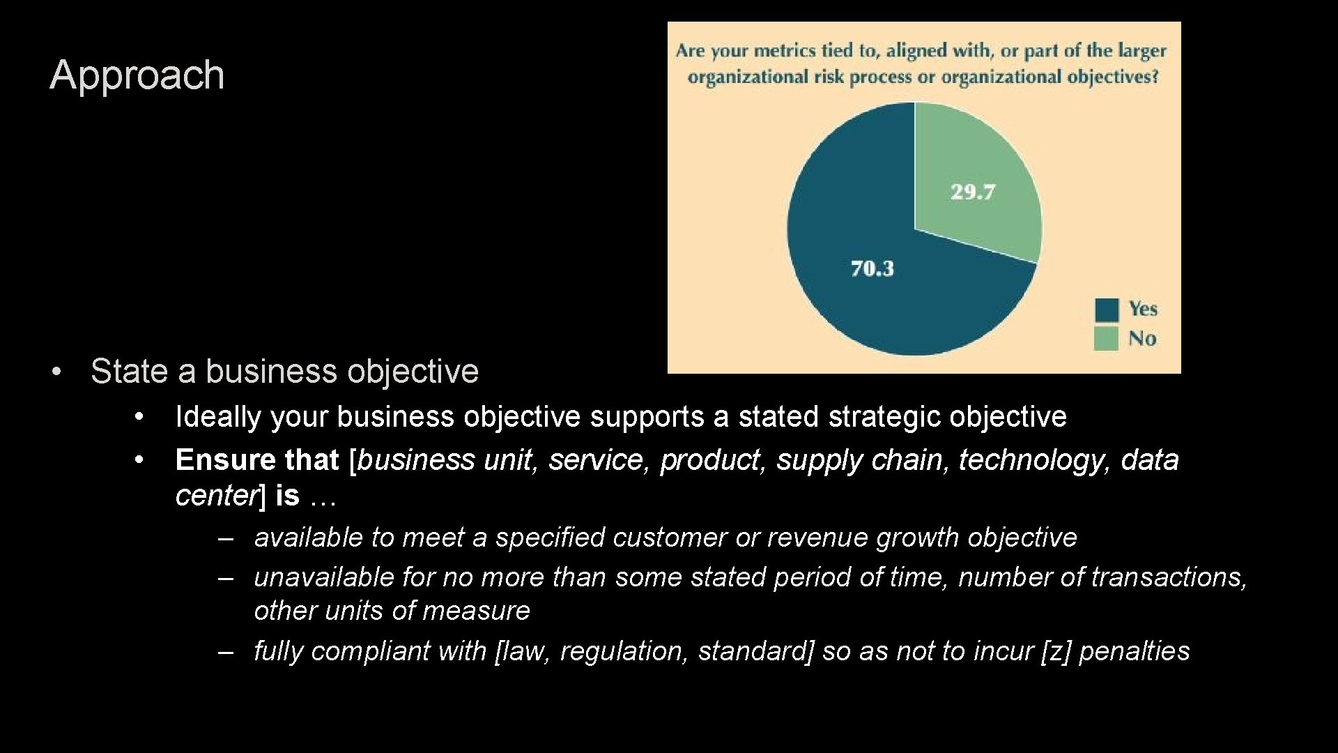 Approach • State a business objective • • Ideally your business objective supports a
