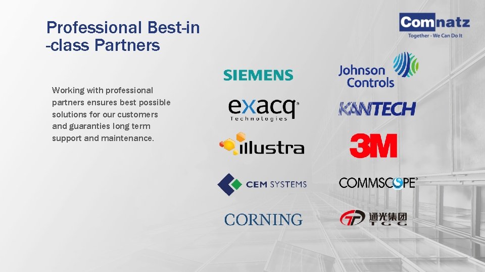 Professional Best-in -class Partners Working with professional partners ensures best possible solutions for our