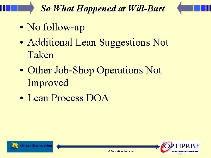 So What Happened at Will-Burt • No follow-up • Additional Lean Suggestions Not Taken