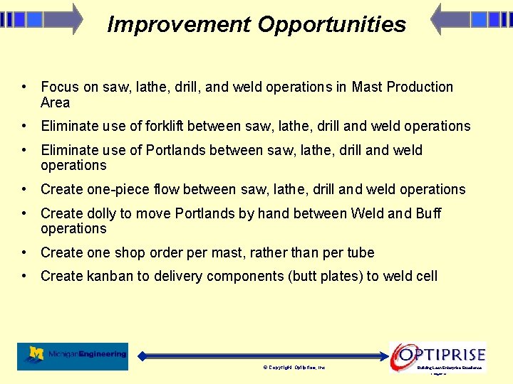 Improvement Opportunities • Focus on saw, lathe, drill, and weld operations in Mast Production