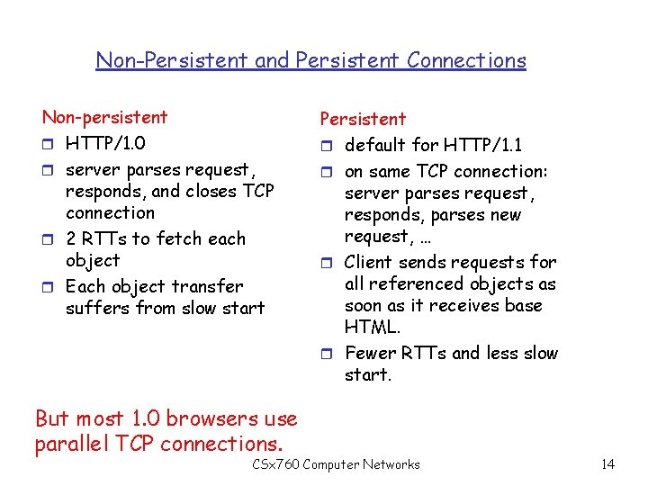 Non-Persistent and Persistent Connections Non-persistent r HTTP/1. 0 r server parses request, responds, and