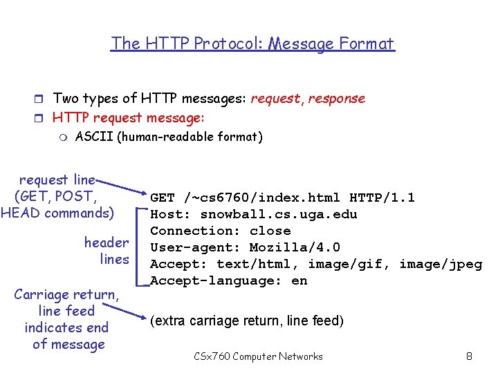 The HTTP Protocol: Message Format r Two types of HTTP messages: request, response r