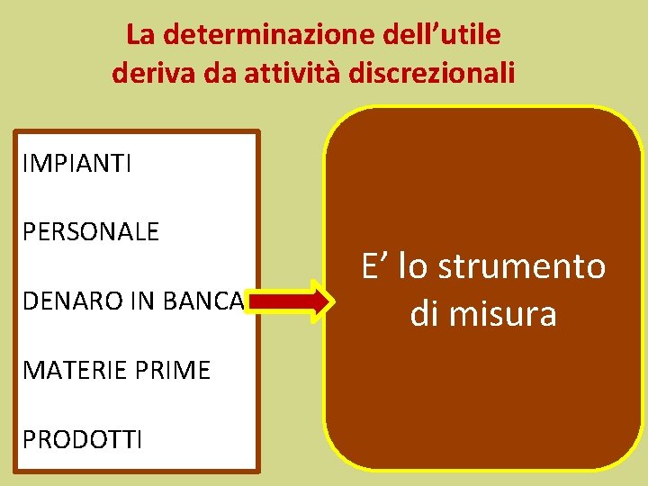 La determinazione dell’utile deriva da attività discrezionali IMPIANTI PERSONALE DENARO IN BANCA MATERIE PRIME