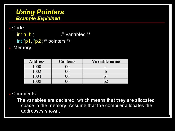 Using Pointers Example Explained Code: int a, b ; /* variables */ int *p Using Pointers Example Explained Code: int a, b ; /* variables */ int *p