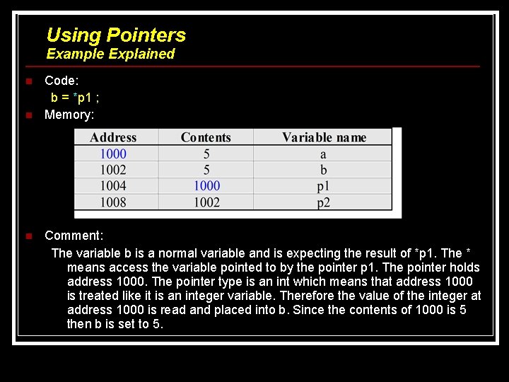 Using Pointers Example Explained n n n Code: b = *p 1 ; Memory: Using Pointers Example Explained n n n Code: b = *p 1 ; Memory: