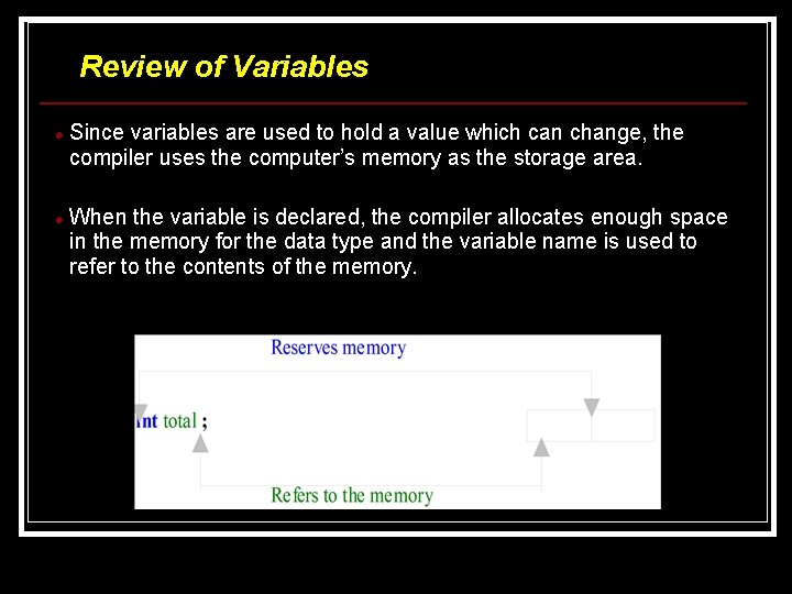 Review of Variables Since variables are used to hold a value which can change, Review of Variables Since variables are used to hold a value which can change,