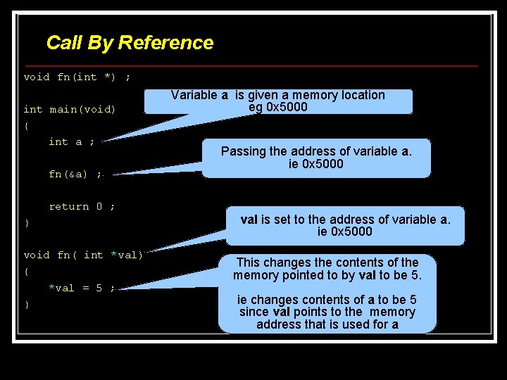 Call By Reference void fn(int *) ; int main(void) { int a ; fn(&a) Call By Reference void fn(int *) ; int main(void) { int a ; fn(&a)