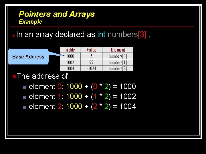 Pointers and Arrays Example In an array declared as int numbers[3] ; Base Address