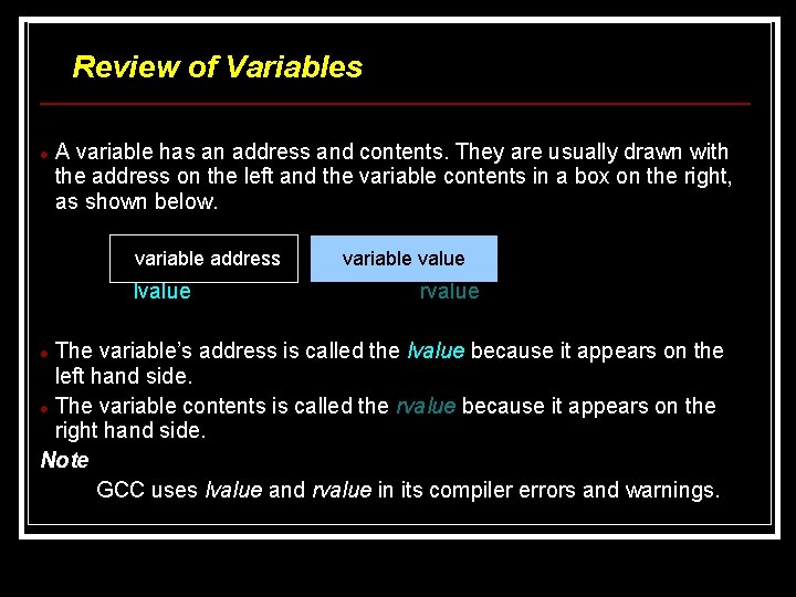 Review of Variables A variable has an address and contents. They are usually drawn Review of Variables A variable has an address and contents. They are usually drawn