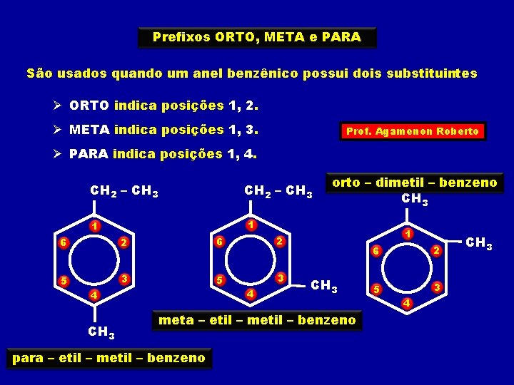 Prefixos ORTO, META e PARA São usados quando um anel benzênico possui dois substituintes