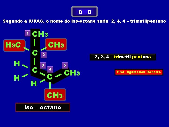 0 0 Segundo a IUPAC, o nome do iso-octano seria 2, 4, 4 –