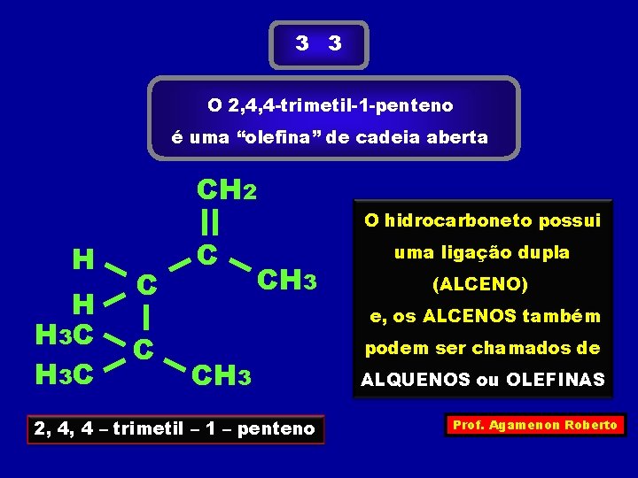 3 3 O 2, 4, 4 -trimetil-1 -penteno é uma “olefina” de cadeia aberta