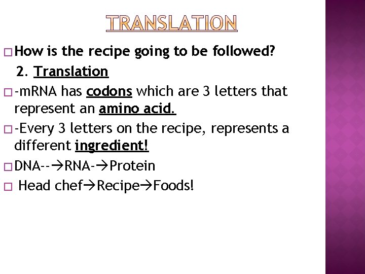 � How is the recipe going to be followed? 2. Translation � -m. RNA